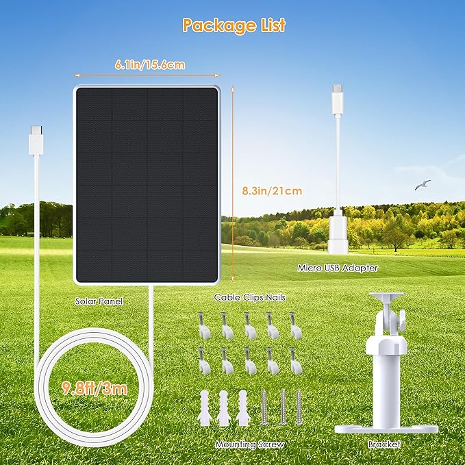 6W Solar Panel Compatible with WYZE Battery Cam Pro and Cam Outdoor V1/V2, Solar Charger for WYZE Cameras with 10ft USB-C Cable & Micro USB Adapter, 5.9in to 8.7in Adjustable Mount, IP65 Waterproof