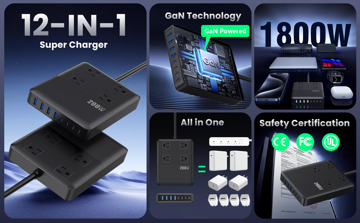 200W Charging Station,12-in-1 USB C Power Strip with Flat Plug and 5ft Extension Cord,4 AC Outlets,4 USB-A,4 USB-C Ports for iPhone 17/16/15,65W PD Fast Laptop Charger for MacBook, Home, Office, Dorm - Image 8