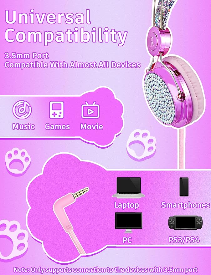 Kids Pom Headphones with Mic for Travel/Car/Plane,Added 85DB Limit Function&Shareport,Unicorns Gifts for Girls,On/Over Ear HD Stereo Wired Headsets with Nylon Cable-Hot-Purple
