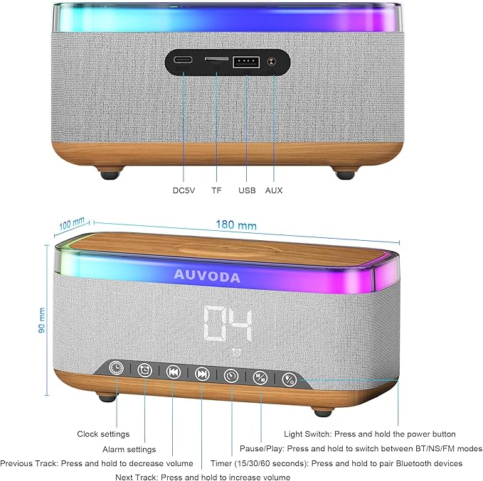 S300 16W Stereo Bluetooth Speaker with 15W Fast Wireless Charging, 13-Color Night Light, Alarm, White Noise, FM Radio, Portable, TWS, BT5.3, for PC, Smartphone, Home, Office & Bedroom (Wood)