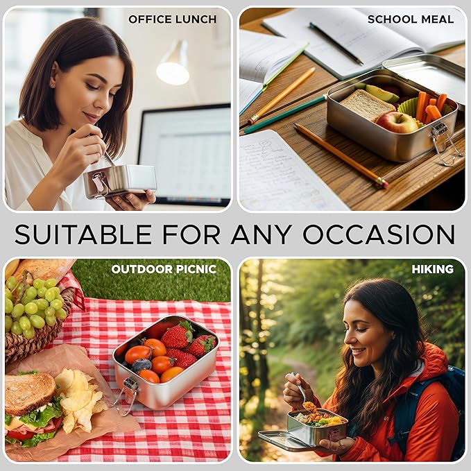 3-Pack 1200ml (40.6 oz) Stainless Steel Bento Lunch Box Containers with Lids - Waterproof Metal Food Storage - Snack Prep Trays and Tiffin Carriers