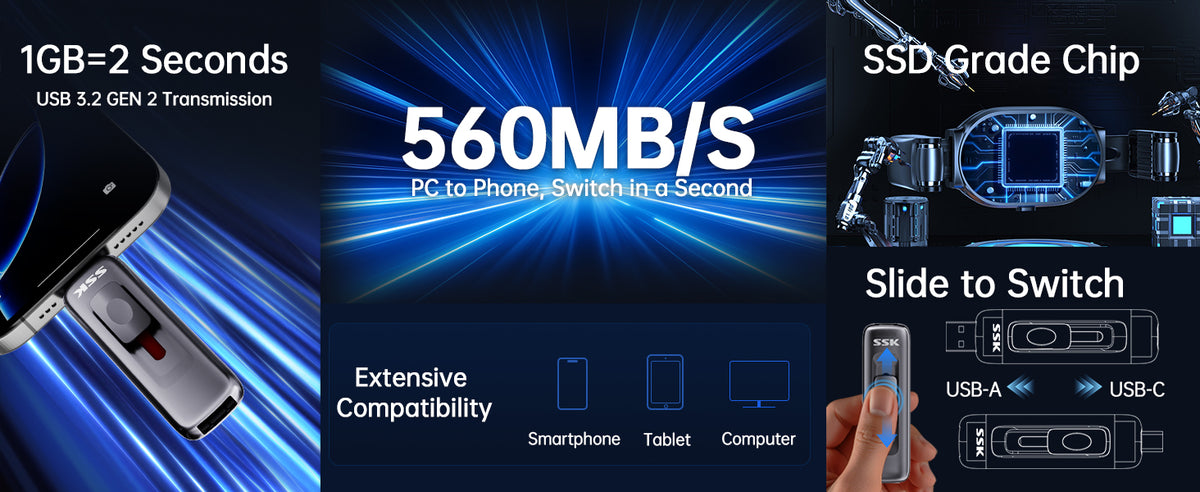 SSK USB Drive 128GB up to 550MB/s External SSD USB C+A 3.2 Thumb Drive