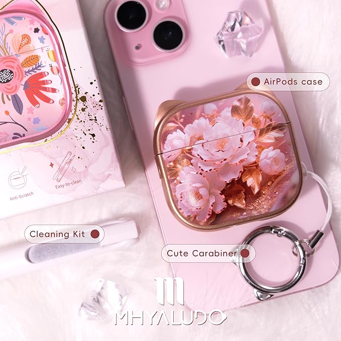 for AirPods 4 Case with Cleaning Kit, Cute Cat Ear Print Design & Cute Buckle, Inverted Phone Holder Design, Top Safe Lock Buckle Design, for Girls AirPods 4 case 2024, Rose Gold Peony