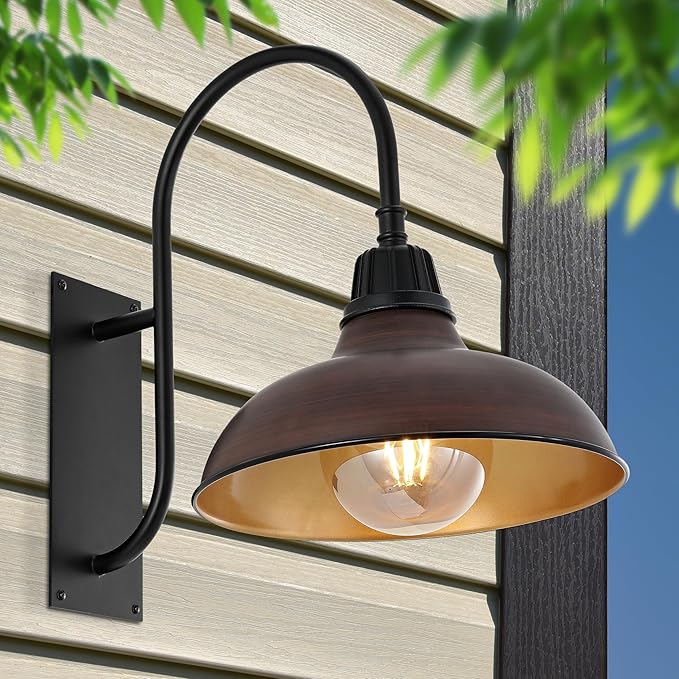 JONATHAN Y JYL7614G Stanley 12.25" 1-Light Farmhouse Industrial Indoor/Outdoor Iron LED Gooseneck Arm Outdoor Sconce Metal Bowl Shade Vintage Cottage Rustic Porch Patio Yard Barn, Wood Finish/Copper