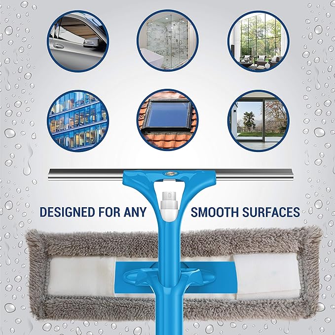 SCRUBIT Extendable Squeegee Window Cleaner- Window Cleaning Tool with Microfiber Scrubber & Spray Head - 58" Long Extension Pole for High Windows and Outdoor Glass Washing - Shower Cleaning Kit