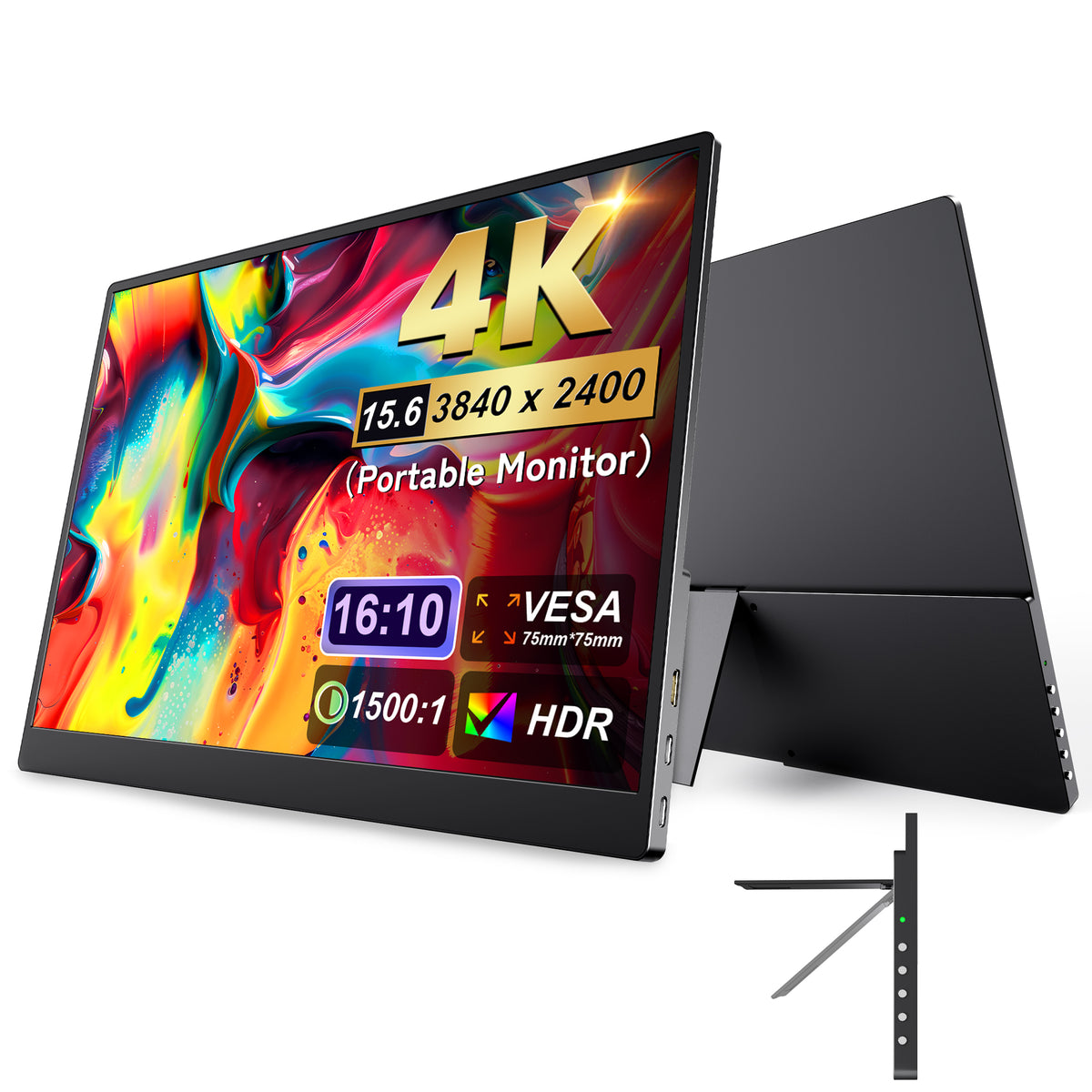 15.6" 4K UHD Portable External Monitor, 3840×2400 IPS Screen 100% NTSC Wide Color Gamut, Full-Featured USB-C Mini HDMI Built-in Speakers External Display for MacBook Laptop Mobile Phone