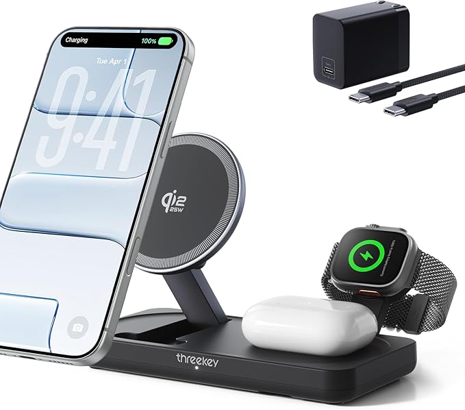 THREEKEY 3-in-1 Qi2 25W MagSafe wireless charging station for iPhone Apple Watch and AirPods