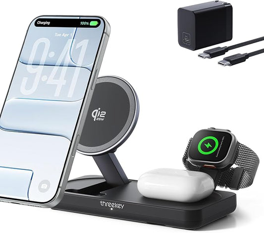 THREEKEY 3-in-1 Qi2 25W MagSafe wireless charging station for iPhone Apple Watch and AirPods
