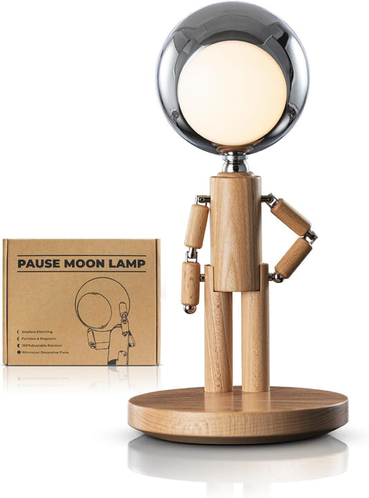 Pause Moon rechargeable cordless wooden desk lamp 3 color temps stepless dimming bedroom office gift