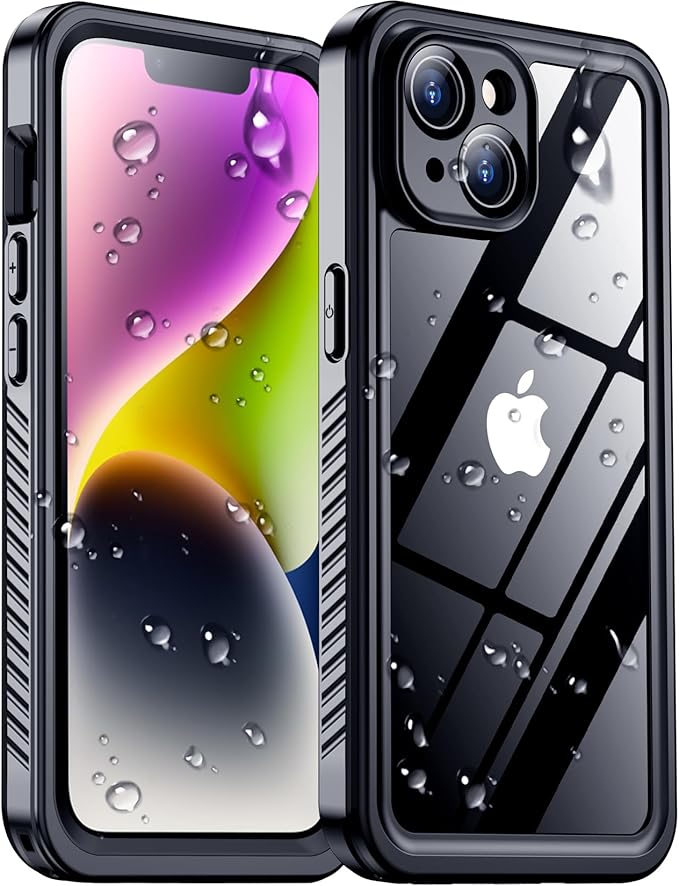 Red2Fire iPhone 14 full body IP68 waterproof shockproof phone case with built-in screen and camera protector black clear