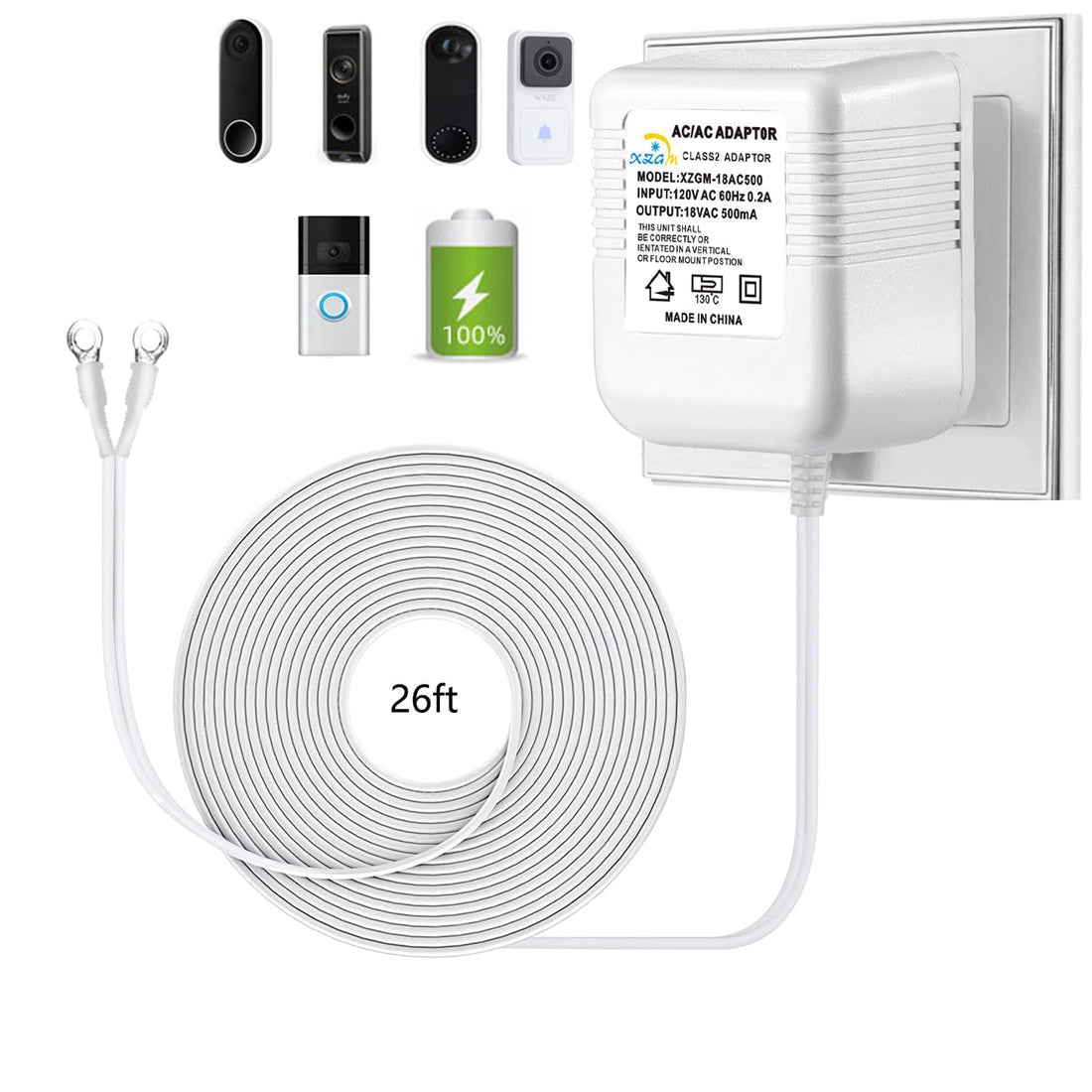 Video doorbell power transformer 18V 500mA compatible with Ring Nest Eufy Wyze Arlo — white cable smart home security accessory