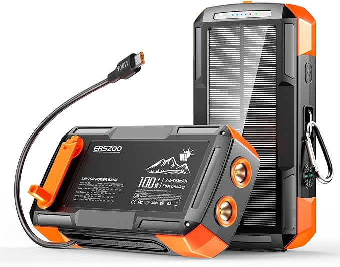 Solar charger power bank 73200mAh with USB-C 100W output and hand crank for outdoor camping and emergency use