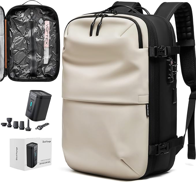 BlackVoyage Vortex 60L vacuum seal travel backpack expandable air compression TSA lock carry-on white