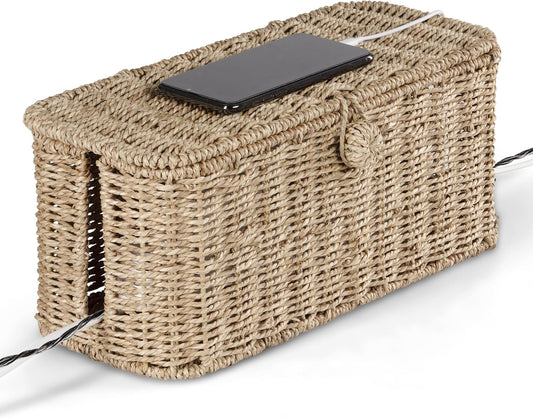 Natural rattan cable management box set 2 sizes cord hider power strip TV desk organizer home office