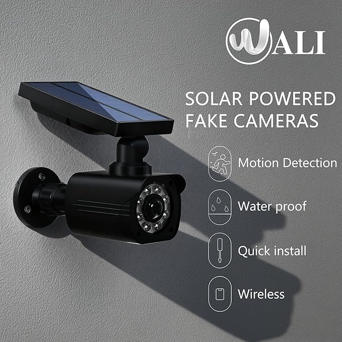 WALI dummy security camera with motion sensor flood light 2-pack simulated CCTV dome camera solar powered indoor outdoor black