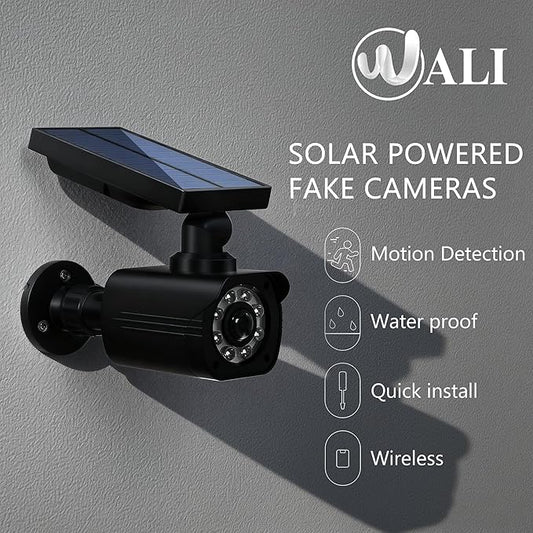 WALI dummy security camera with motion sensor flood light 2-pack simulated CCTV dome camera solar powered indoor outdoor black