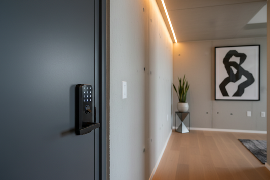 Modern apartment front door with a sleek matte black smart lock keypad installed