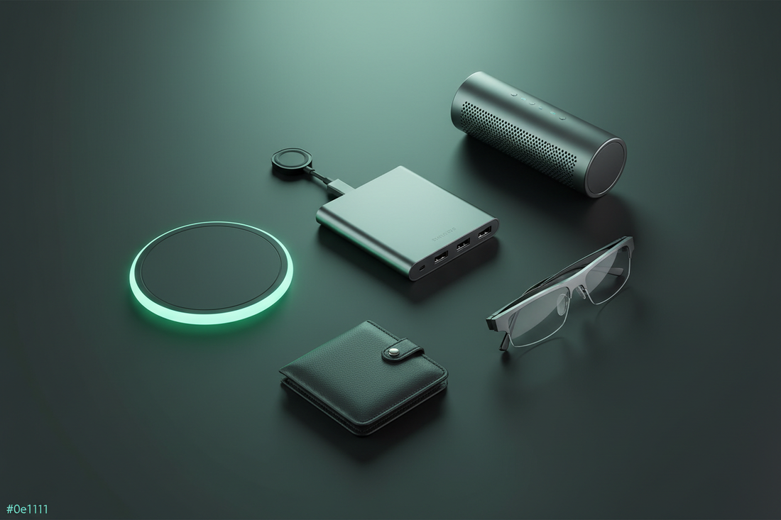 Premium tech accessories flat lay on a dark desk — USB-C hub, wireless charger, webcam privacy cover, and smart gadgets with mint green accent lighting by Techloop Living