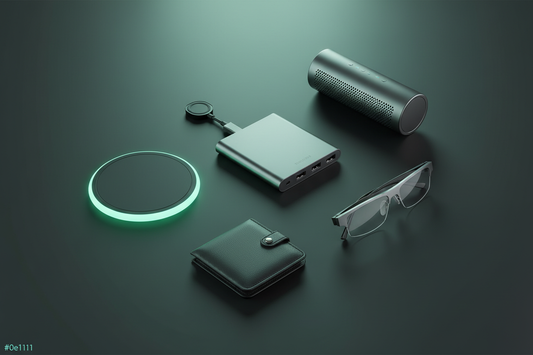 Premium tech accessories flat lay on a dark desk — USB-C hub, wireless charger, webcam privacy cover, and smart gadgets with mint green accent lighting by Techloop Living