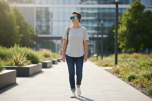 Bluetooth open-ear audio sunglasses worn during a daytime walk