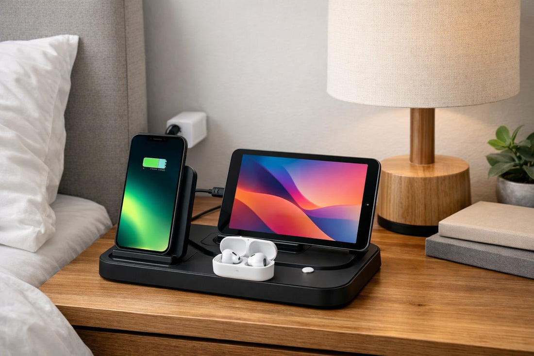 Bedside charging station with phone, tablet, and earbuds