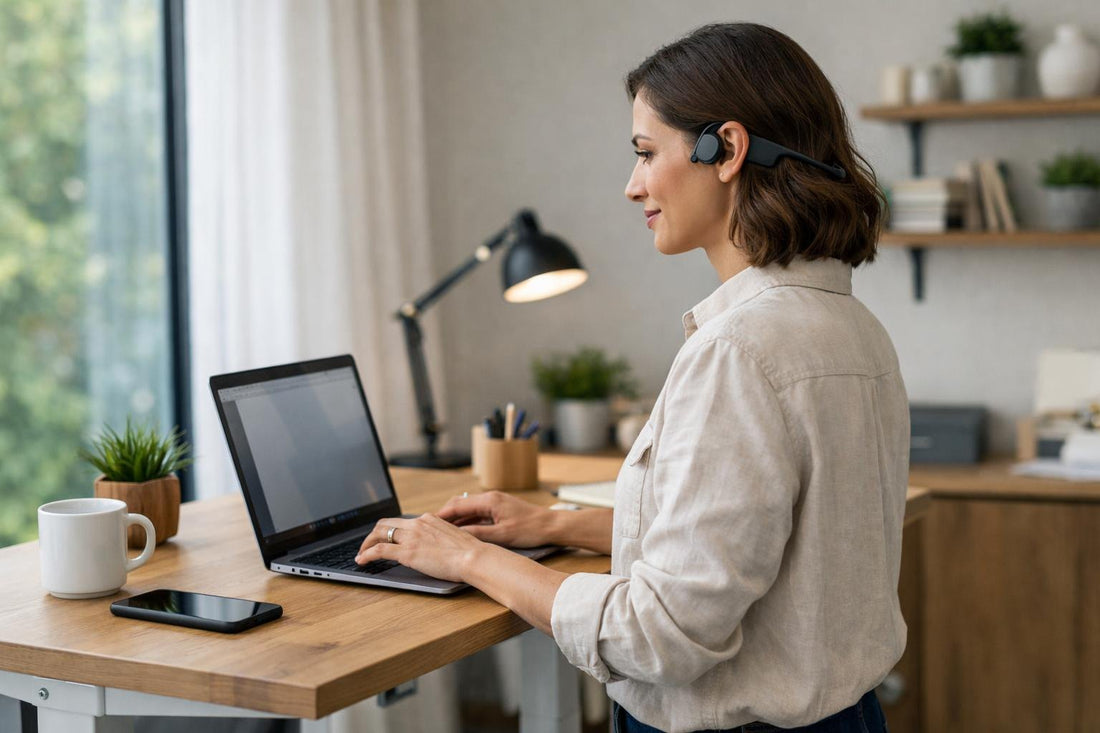 Person wearing open ear headphones at a standing desk