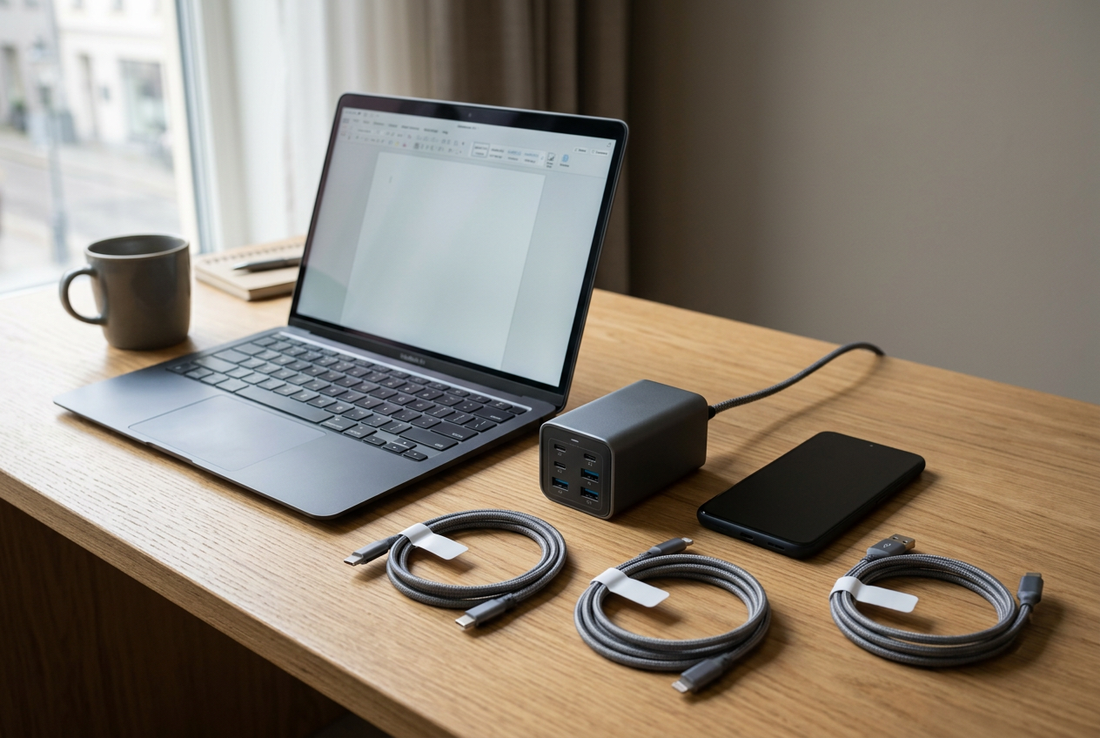 Compact USB C travel charger with a laptop, phone, and cables.
