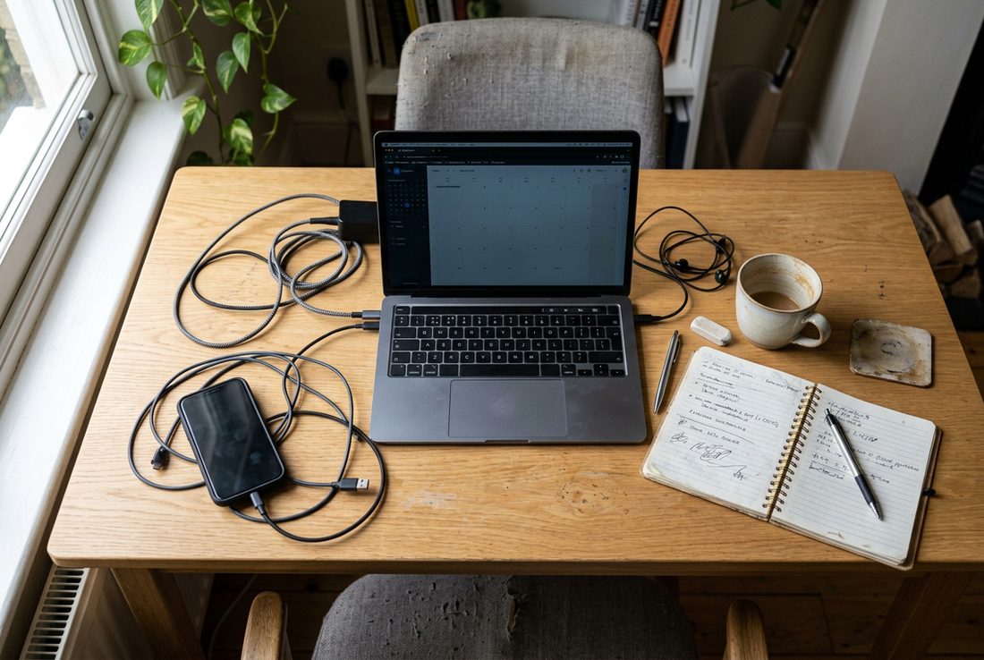 Small work desk with charging cables before organization.