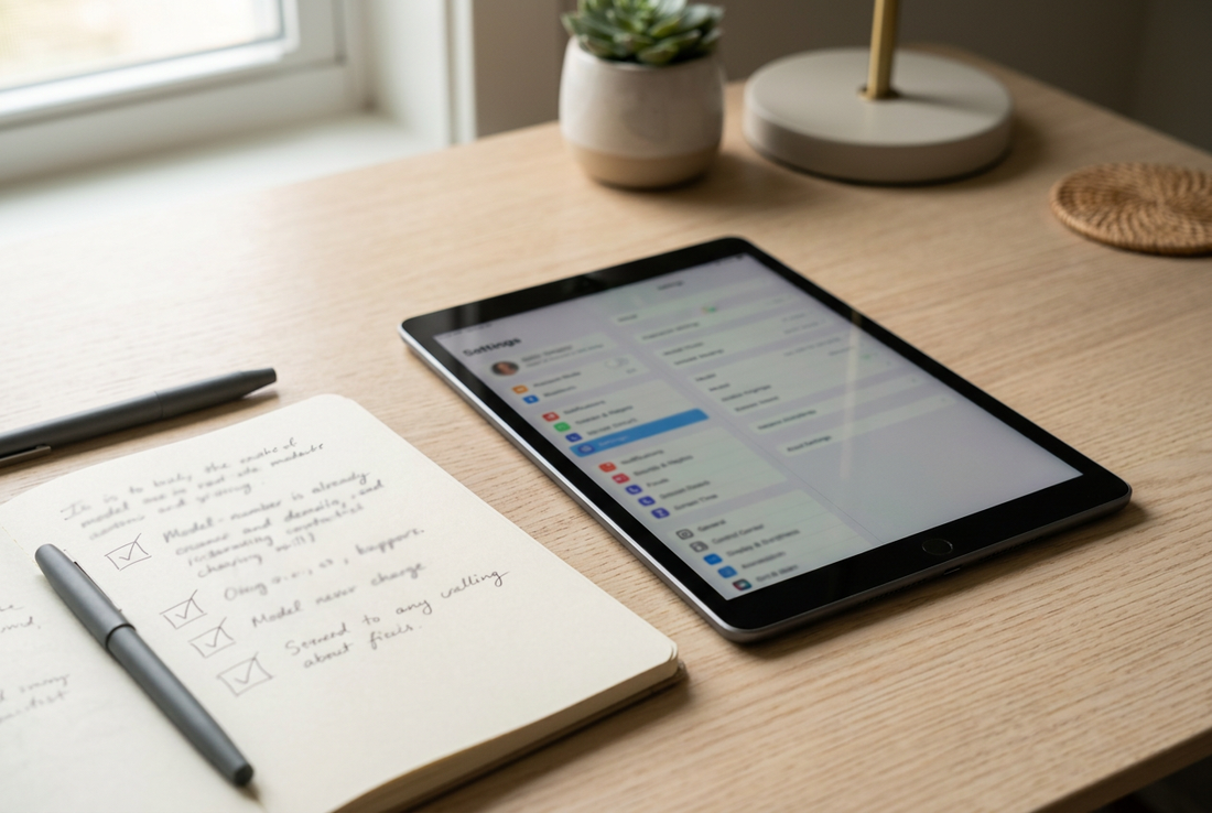 Tablet model identification checklist beside device settings