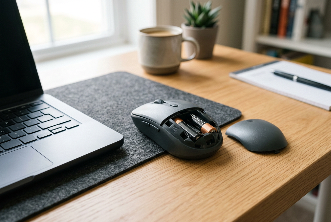 Wireless mouse and battery compartment during a power check.