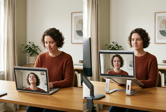 Comparison of low and eye-level webcam positioning during a video call.