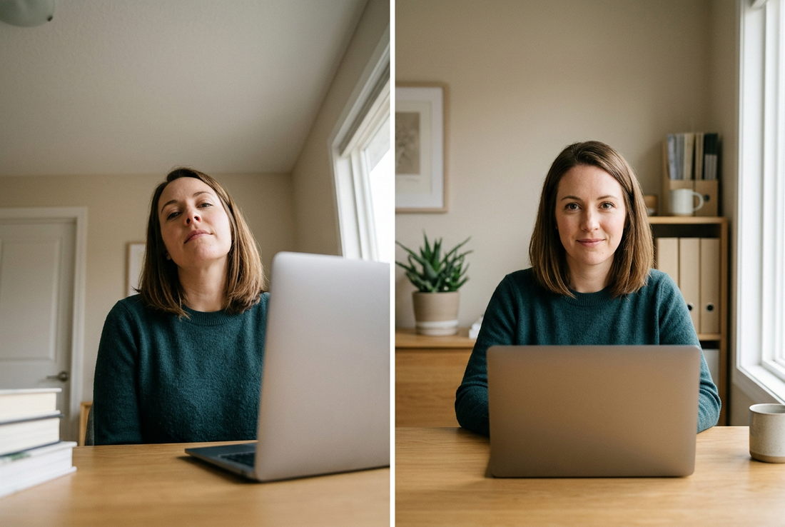 Comparison of low webcam placement and natural eye-level webcam positioning for video calls.