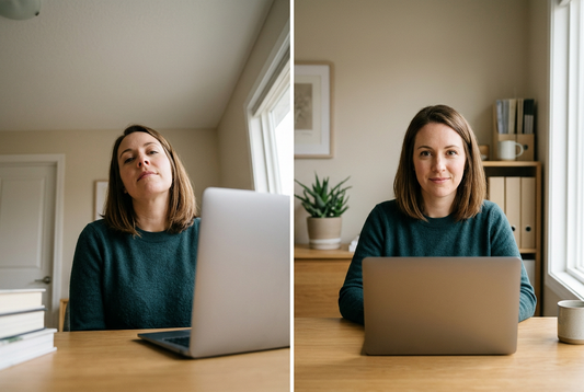 Comparison of low webcam placement and natural eye-level webcam positioning for video calls.