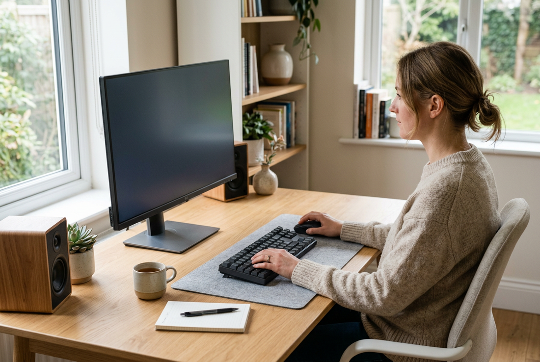 Wireless keyboard and mouse positioned close together on a comfortable home office desk.