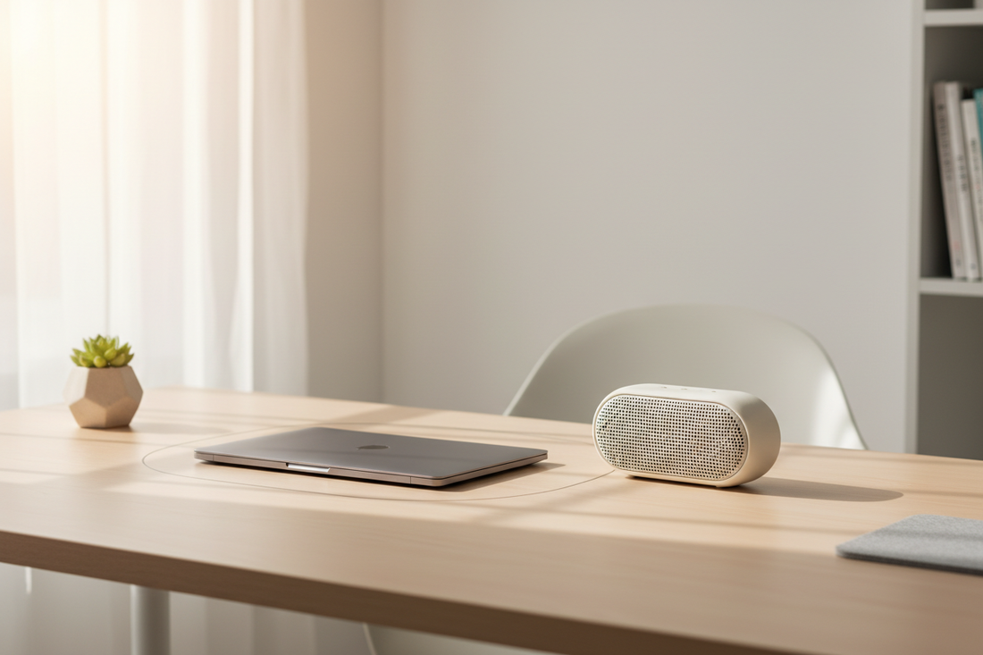 Laptop connected wirelessly to a compact Bluetooth speaker on a clean desk