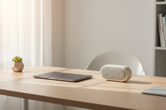 Laptop connected wirelessly to a compact Bluetooth speaker on a clean desk