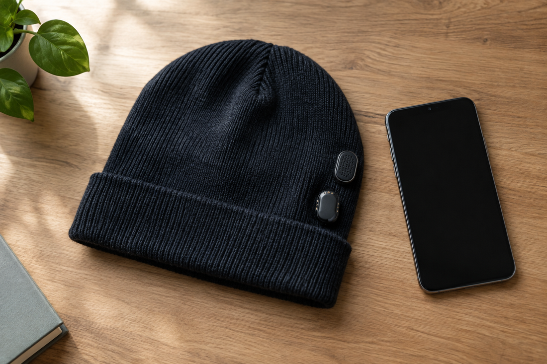 Knit beanie and smartphone illustrating the concept of Bluetooth audio