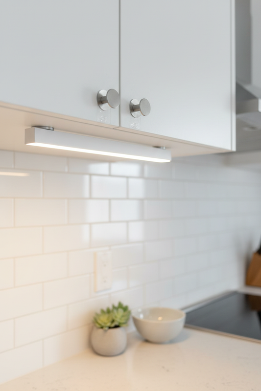 Wireless under cabinet LED lights illuminating a modern American kitchen countertop