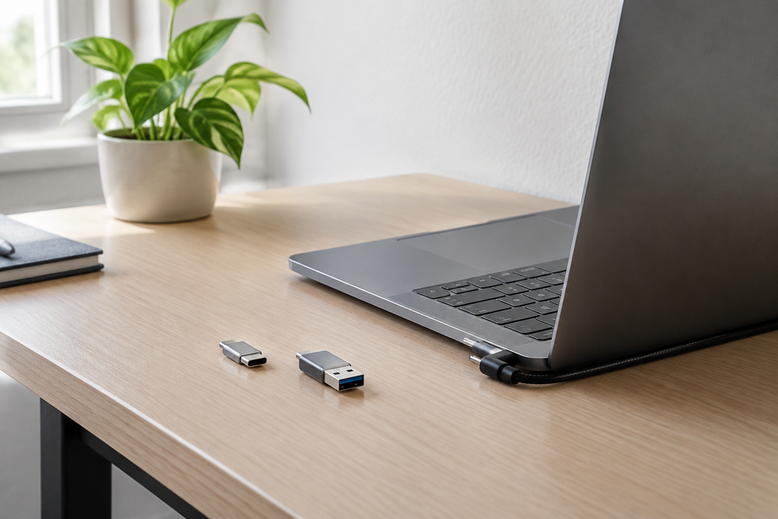 Laptop with a 90-degree USB adapter routing a cable neatly along the side of the device