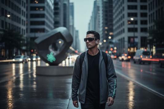 Person wearing smart Bluetooth sunglasses while walking outdoors