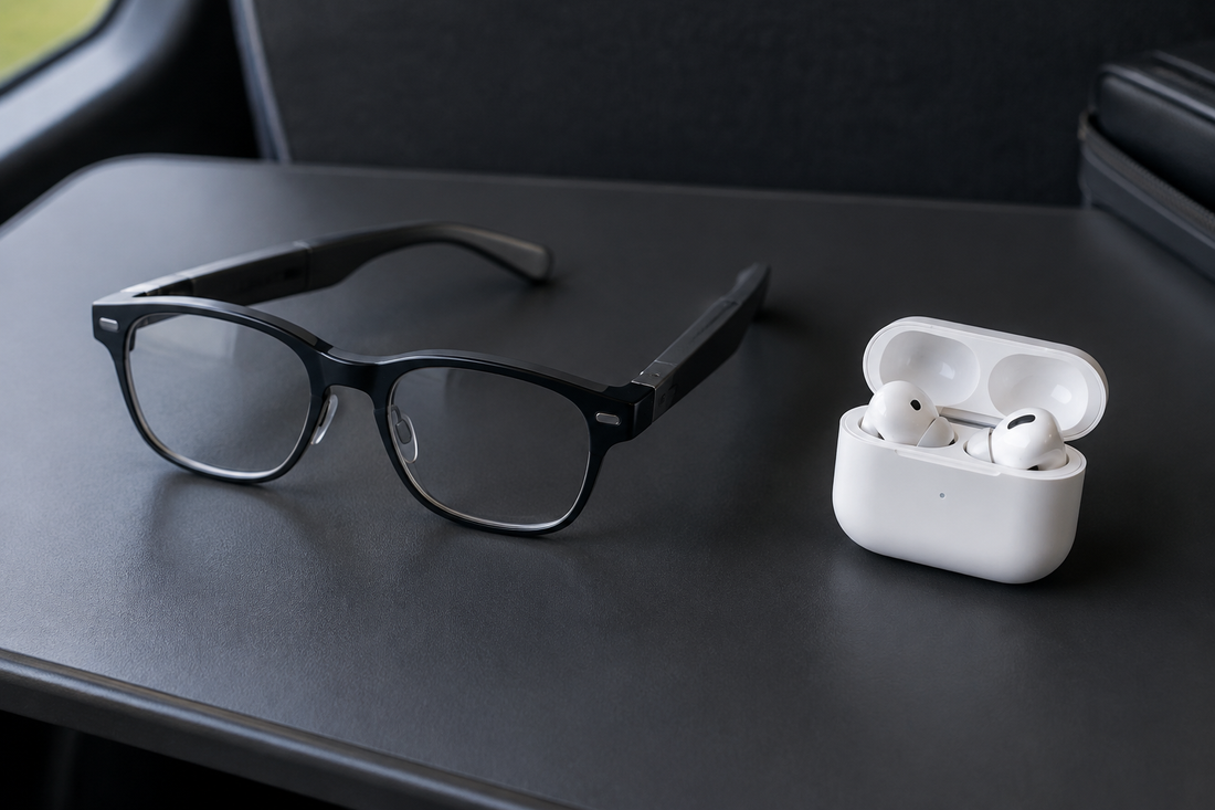 Smart glasses and wireless earbuds arranged side by side for a wearable audio comparison
