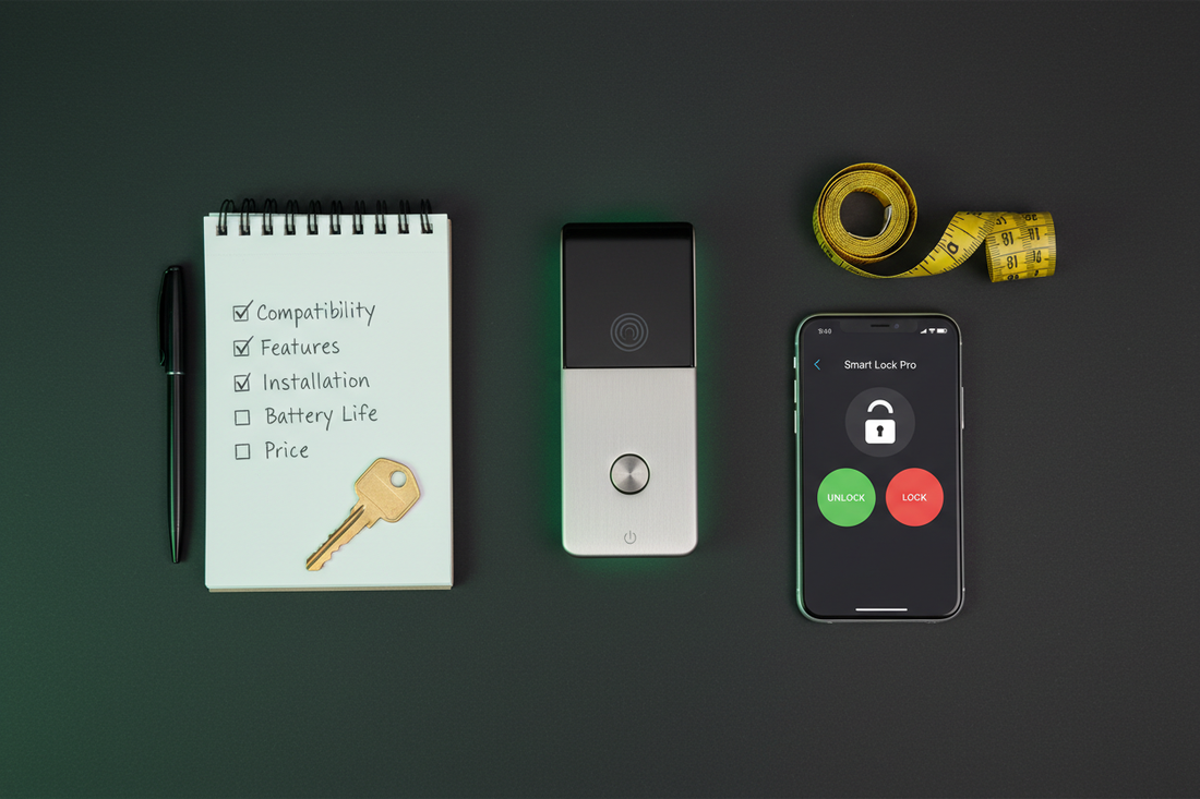Smart lock buying checklist flat lay: smart lock, measuring tape, smartphone, checklist notepad, and house key