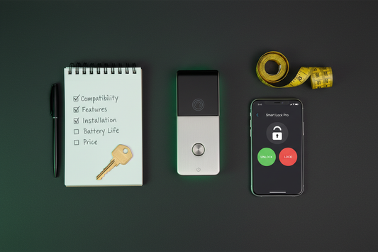 Smart lock buying checklist flat lay: smart lock, measuring tape, smartphone, checklist notepad, and house key