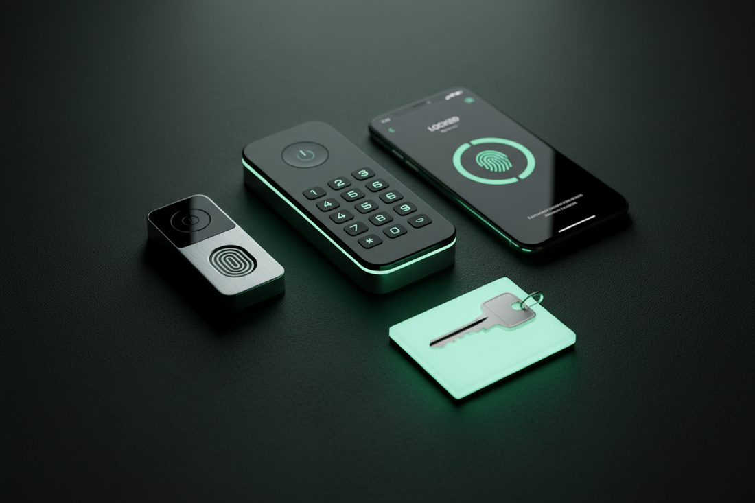 Smart lock ecosystem flat lay — keypad lock, smartphone app, fingerprint sensor, and house key on dark surface