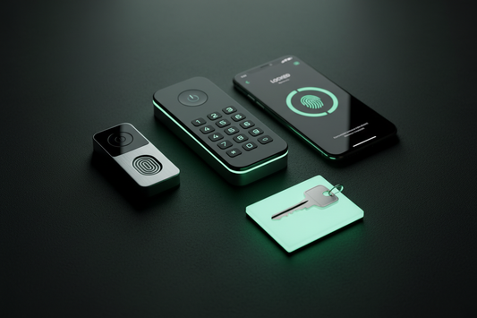 Smart lock ecosystem flat lay — keypad lock, smartphone app, fingerprint sensor, and house key on dark surface