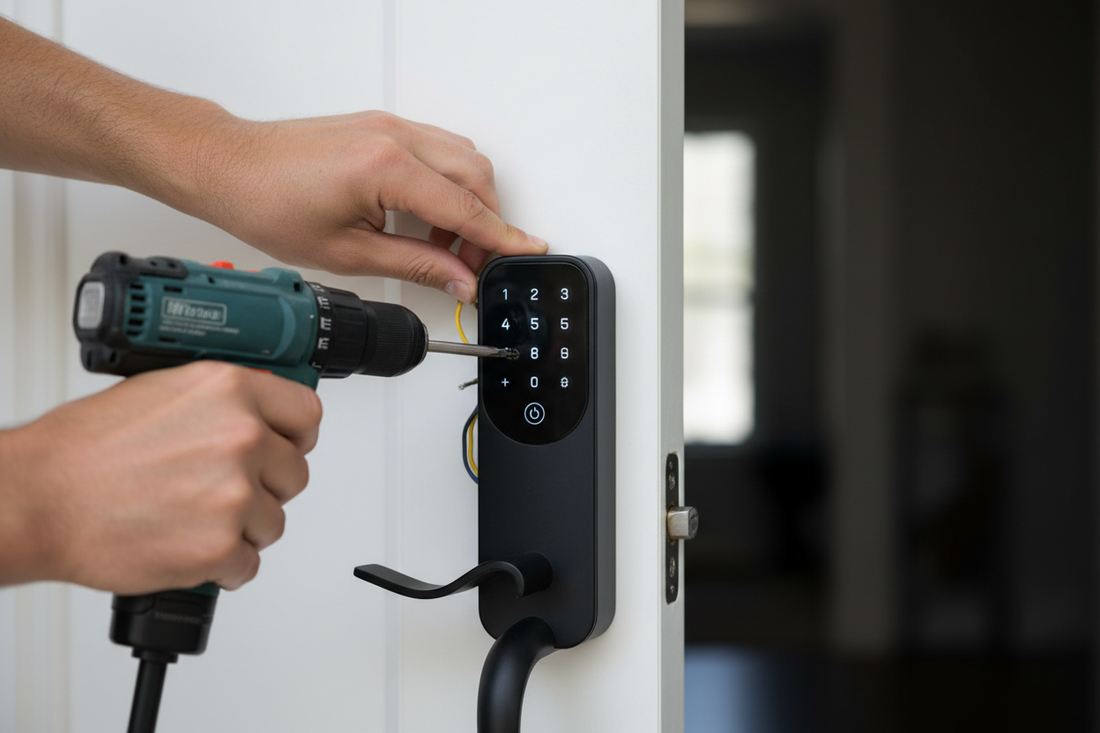 Hands installing a smart lock on a white front door with a screwdriver