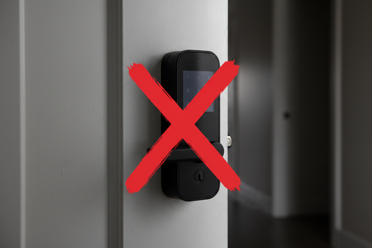 Smart lock on a front door with a warning symbol indicating common installation mistakes