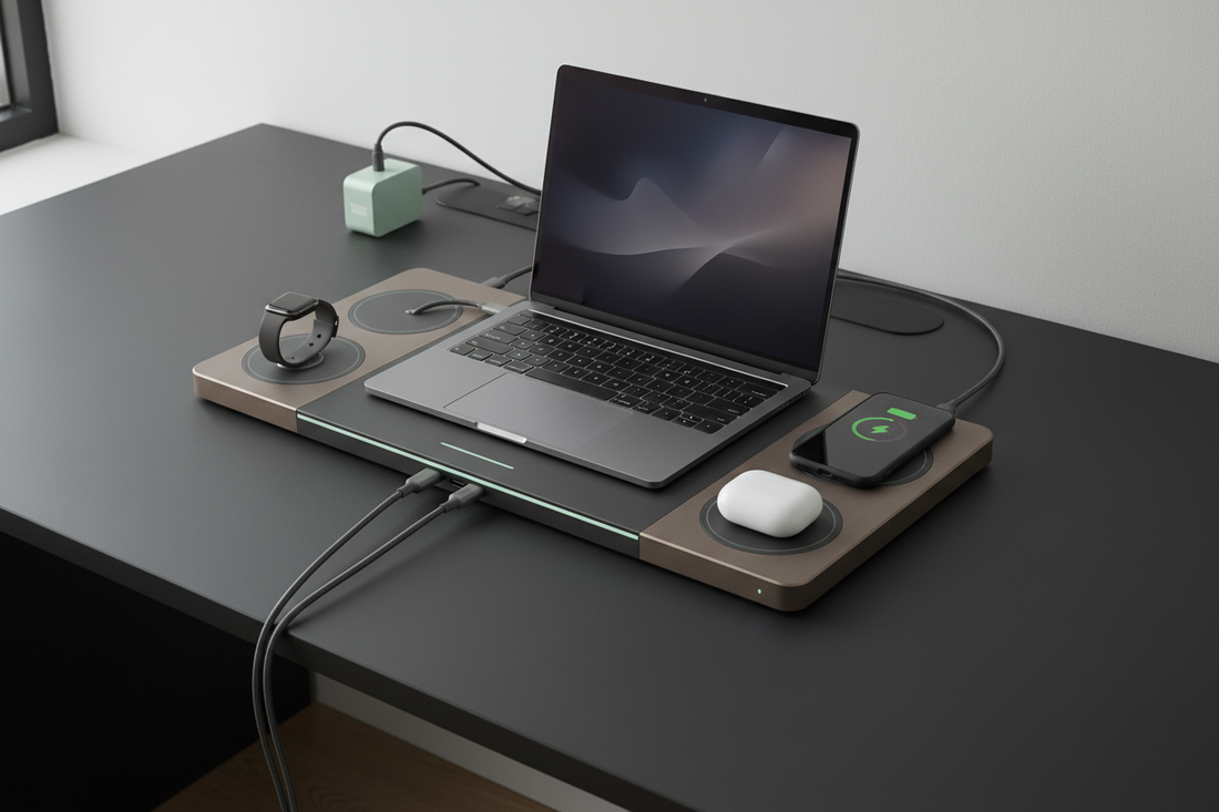 Modern desk charging station with a laptop, phone, earbuds, smartwatch, USB-C cables, and a compact GaN charger