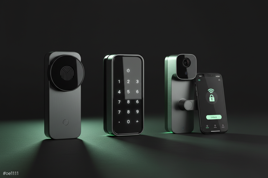 Three smart lock types side by side: fingerprint lock, keypad lock, and WiFi connected lock