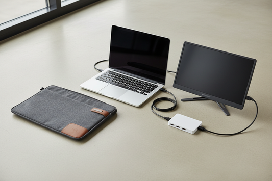 Portable dual-screen laptop setup with a second monitor